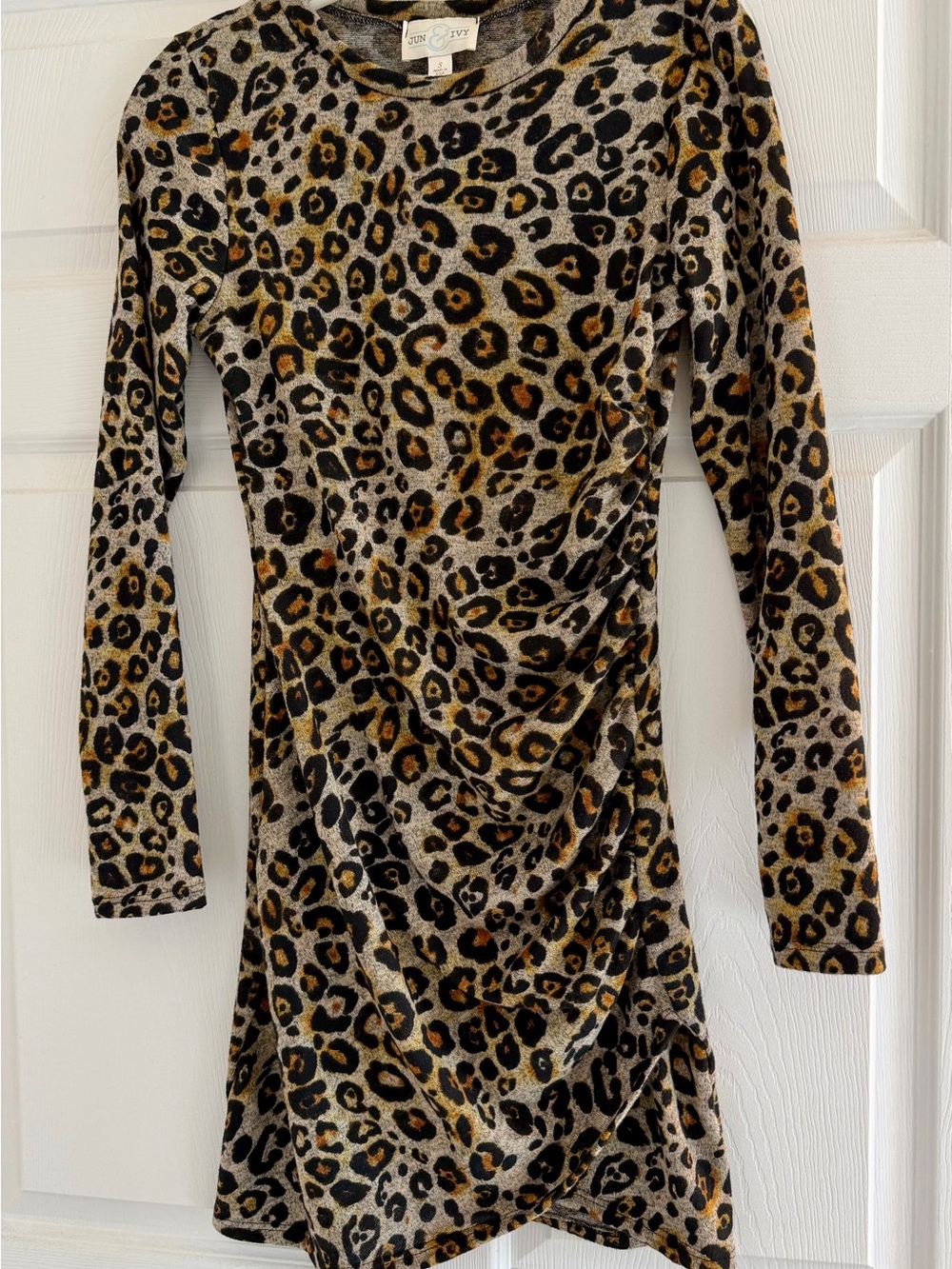 Leopard Print Long Sleeve Ruched Dress